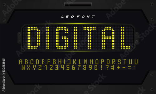 Original vector yellow digital led font. Futuristic design background.