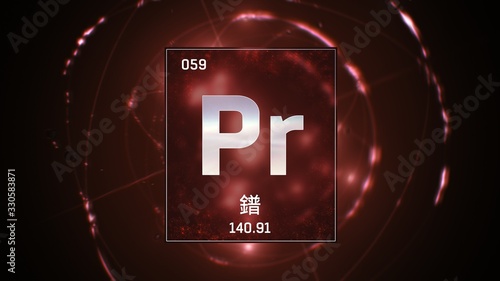 3D illustration of Praseodymium as Element 59 of the Periodic Table. Red illuminated atom design background orbiting electrons name, atomic weight element number in Chinese language photo