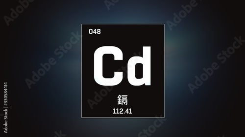 3D illustration of Cadmium as Element 48 of the Periodic Table. Grey illuminated atom design background orbiting electrons name, atomic weight element number in Chinese language