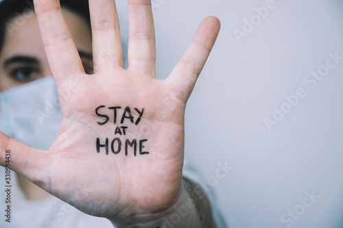 Woman on a side with his hand facing in front with the sentence 