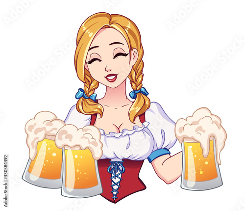 Beautiful girl with blonde pigtails and closed eyes holding beer mugs.