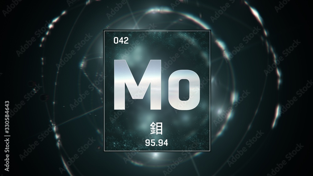 3D illustration of Molybdenum as Element 42 of the Periodic Table. Green illuminated atom design background orbiting electrons name, atomic weight element number in Chinese language 3D illustration of Molybdenum as Element 42 of the Periodic Table. Green illuminated atom design background orbiting electrons name, atomic weight element number in Chinese language
