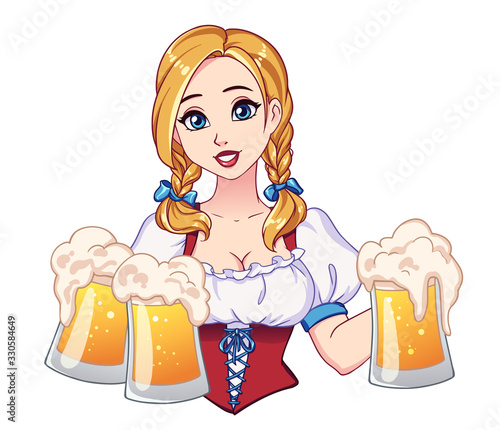 Beautiful girl with blonde pigtails and big blue eyes holding beer mugs.