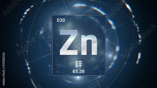 3D illustration of Zinc as Element 30 of the Periodic Table. Blue illuminated atom design background with orbiting electrons. Design shows name, atomic weight and element number