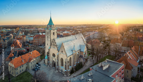 Jawor, Poland. Aerial view of St. Martin Church on sunrise