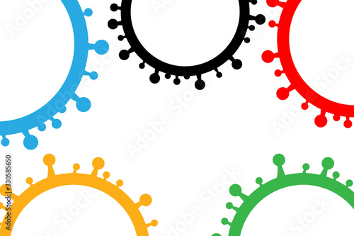 Template design with olympic circles concept. Rings depicted as coronavirus molecules. The worldwide pandemic is threatening whether the games will proceed or be cancelled. Olympic style signs