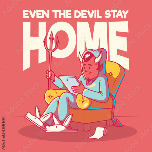 Devil in pijama vector illustration. Quarantine, home, living, technology design concept