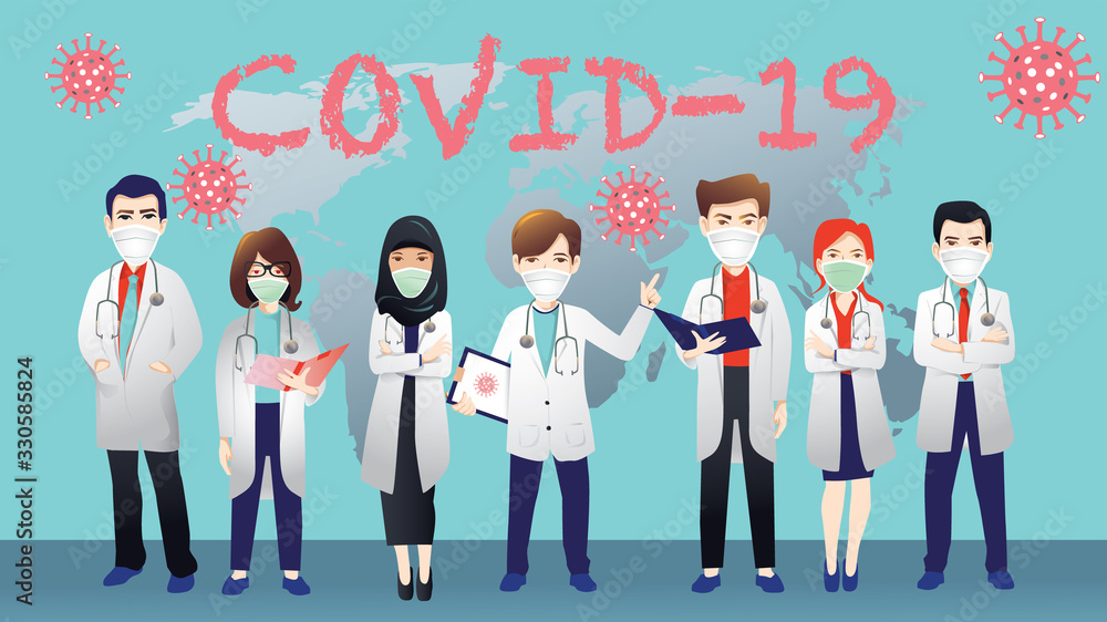 Many doctors from around the world Working together to find a way to eliminate the corona virus or covid19, protective mask, Many doctors from around the world Working together to find a way to eliminate the corona virus or covid19, protective mask,