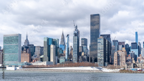 Shots of the New York manhattan skyline during daytime shot on a ferry on the hudson river