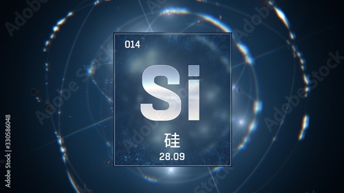 3D illustration of Silicon as Element 13 of the Periodic Table. Blue illuminated atom design background orbiting electrons name, atomic weight element number in Chinese language
