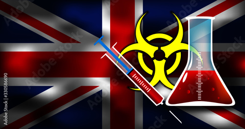 Epidemic danger in United Kingdom (UK) vector conceptual medical illustration biohazard sign with syringe and glimpse on the flag background