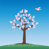 Two birds and a cherry blossom tree. The japanese Sakara. Celebrating Hanami and springtime.