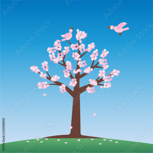 Two birds and a cherry blossom tree. The japanese Sakara. Celebrating Hanami and springtime. © Solveig