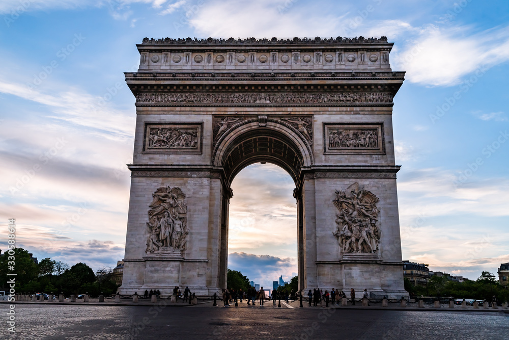 Arch of Triumph (Arc de Triomphe de l'Étoile) after sunset. Paris, France.