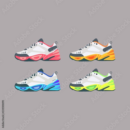 Trendy sneakers or realistic fashion sport running shoe for training and fitness. flat set in bright colors on an isolated gray background. EPS 10 vector.