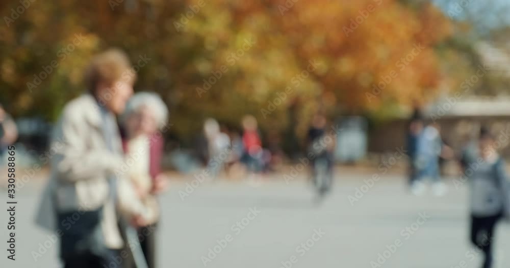 Blurred view city square and people walking background of orange trees on sunny day autumn. Family walks of joyful children, adults and elderly people along town street. Lifestyle. Cityscape, motion Blurred view city square and people walking background of orange trees on sunny day autumn. Family walks of joyful children, adults and elderly people along town street. Lifestyle. Cityscape, motion