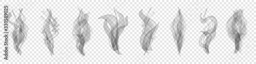 Naklejka Set of realistic transparent smoke or steam isolated in white and gray colors, fog and mist effect. Collection of white smoke steam, waves from tea, coffee, hot food, cigarettes - vector