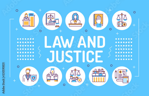 Law and justice word lettering typography. Type of court. Judiciary. Court staff. Infographics with linear icons on blue background. Creative idea concept. Isolated outline color illustration