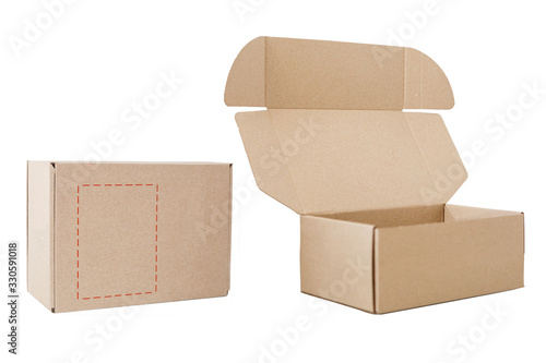 Carton packaging box. Brown delivery set of different sized packages with postal signs. Set of closed and open cardboard boxes on white background. © Angelov