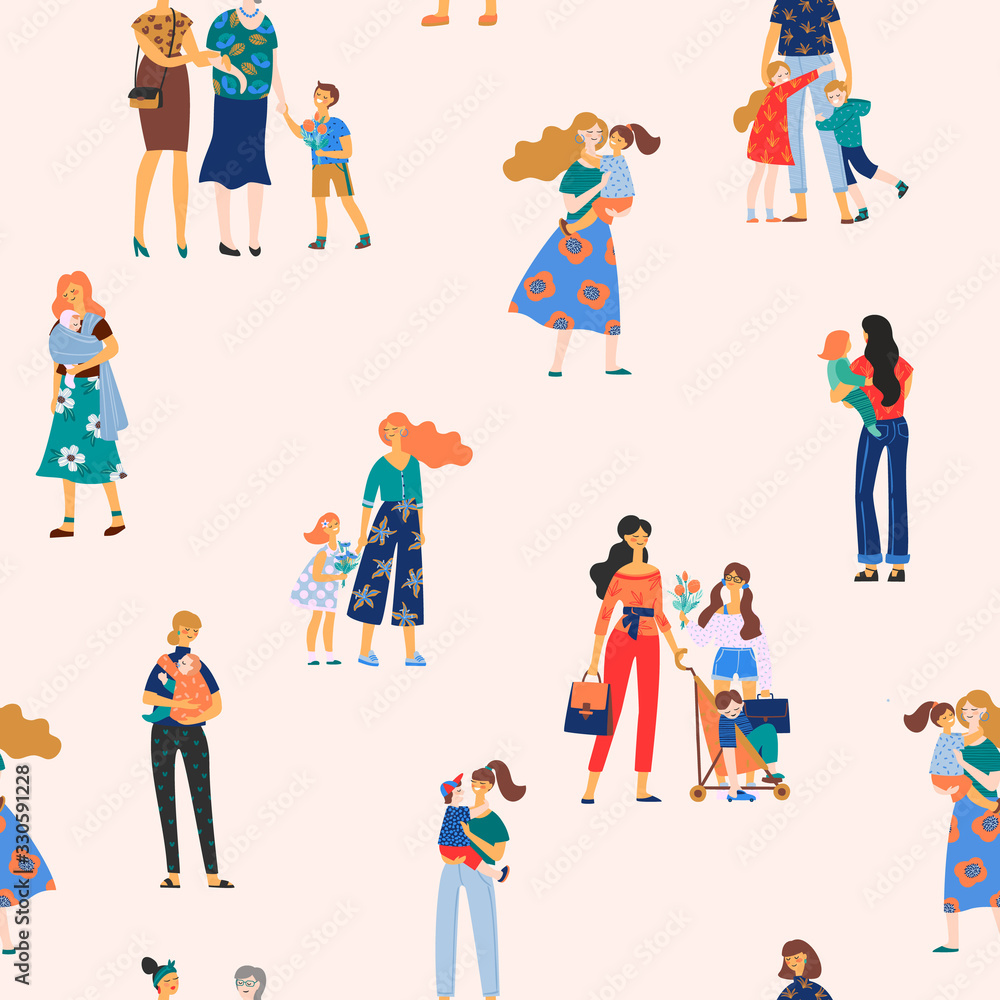 Happy Mothers Day. Vector seamless pattern with women and children