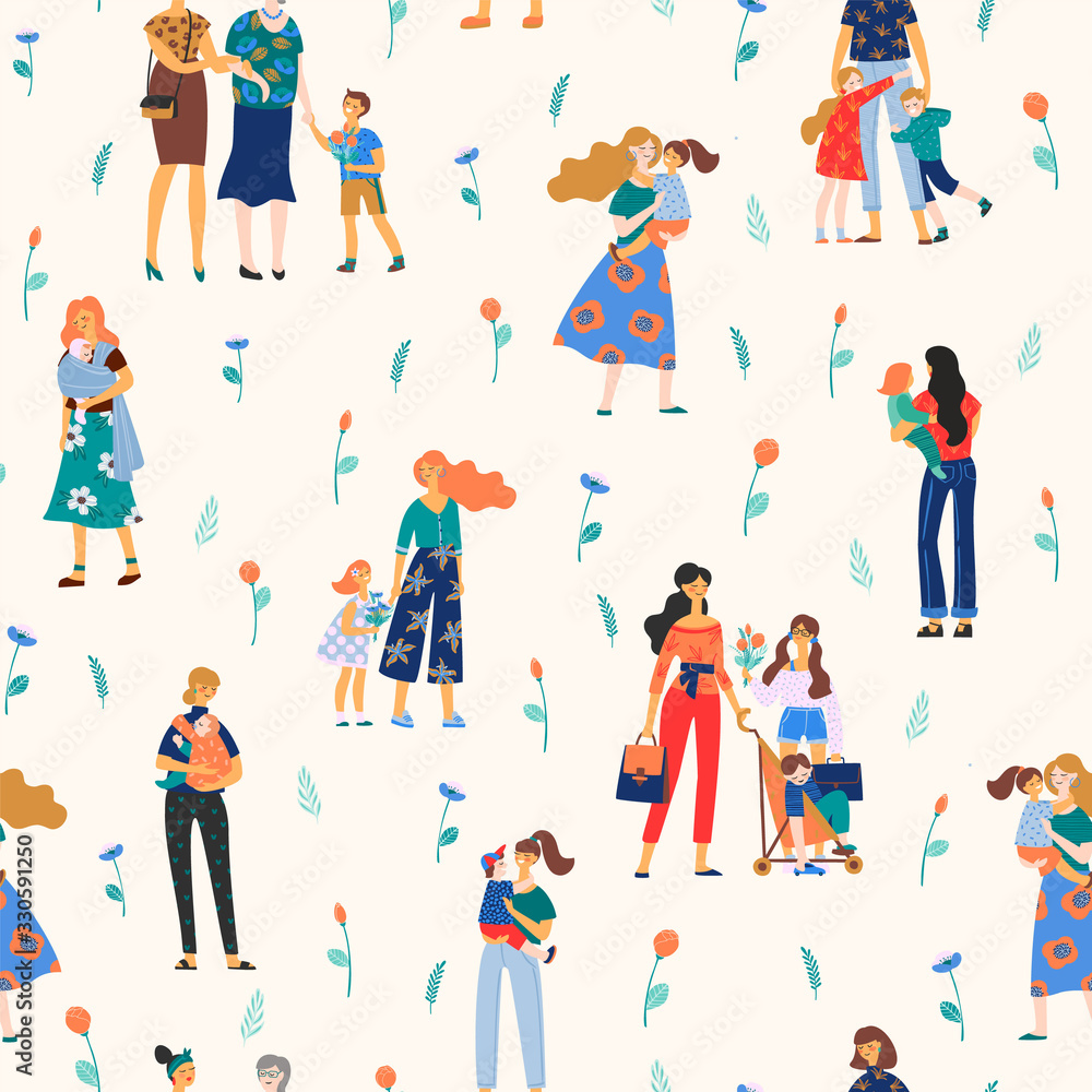 Fototapeta premium Happy Mothers Day. Vector seamless pattern with women and children