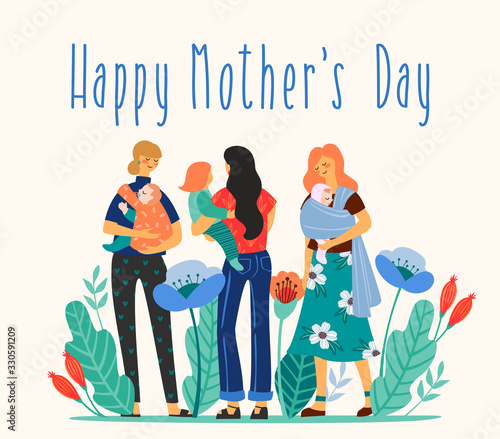 Happy Mothers Day. Vector illustration with women and children.