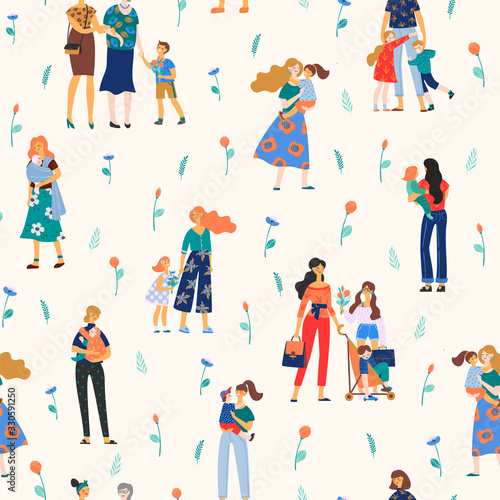 Happy Mothers Day. Vector seamless pattern with women and children