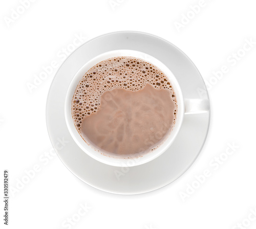 Cup of hot cocoa drink on white background