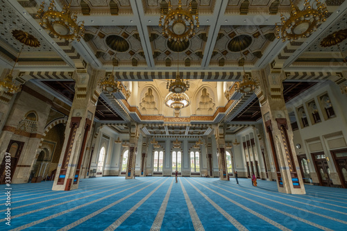 Beautiful prayer hall interior view at Sri Sendayan Mosque  Seremban  Negeri Sembilan  Malaysia.