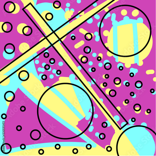 Color splash abstract cartoon background or playground banner design element. Vector overlay of colorful spotted geometric pattern, lines and dots.