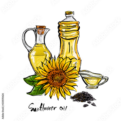 Illustration of sunflower and its products.