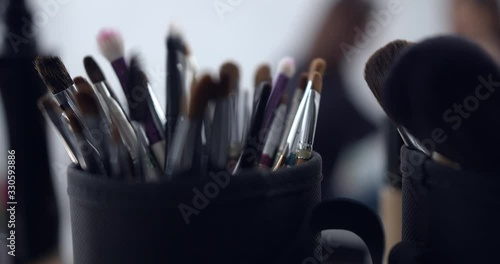 panorama of many brushes of a professional makeup artist