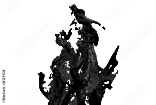 Splash fluid of Black color ink on white background 3d illustration, 3d rendering