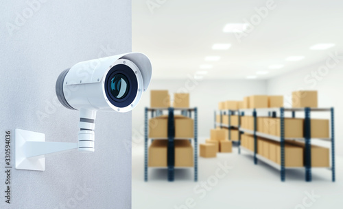 CCTV camera in warehouse. Storage room. 3d render illustration.