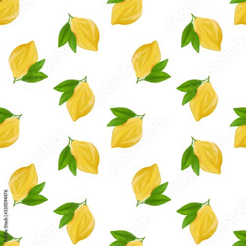 A seamless lemon pattern on white background. The seamless pattern of fresh citrus fruit lemons with green leaves. Hand drawn gouache painting