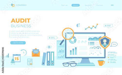 Auditing, analysis, accounting, calculation, analytics. Auditor checks the documents. Graphs, charts on the monitor screen. Can use for web banner, landing page, web template. Vector illustration