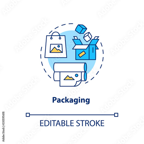 Packaging design studio concept icon. Gift wrap idea thin line illustration. Wrapping paper manufacture, bag and cardboard box making. Vector isolated outline RGB color drawing. Editable stroke