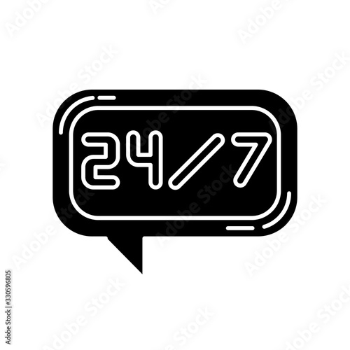 24 7 hour online chat black glyph icon. Twenty four seven hours call center. Everyday helpline. Always available helpdesk. Silhouette symbol on white space. Vector isolated illustration