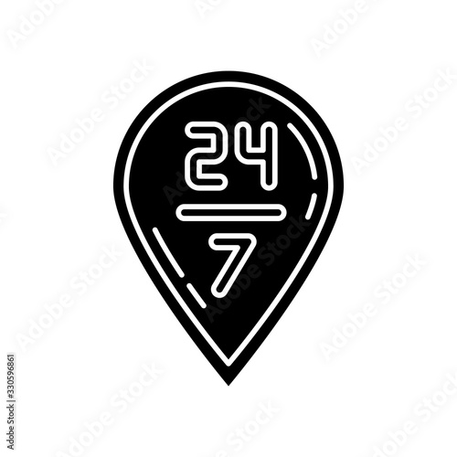 24 7 delivery black glyph icon. Twenty four seven hours shipping. GPS sign with numbers. Around the clock transportation. Silhouette symbol on white space. Vector isolated illustration