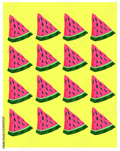 Vector pattern slice of watermelon on a yellow background, sea, summer, beach season. Pattern for design flyer, invitation, interior, poster, packaging. © Кристина Литош