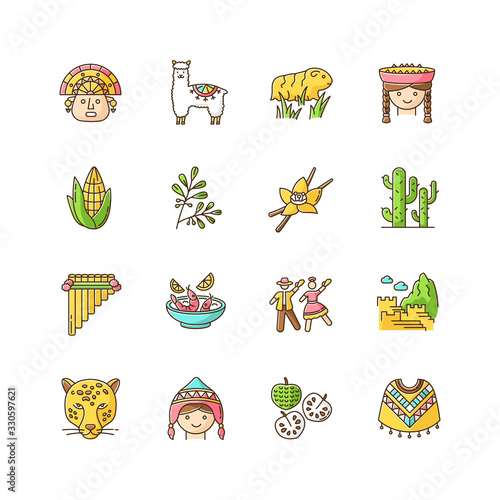 Peru RGB color icons set. Peruvian sights, culture, nature, cuisine. Traveling in Latin America. Alpaca, guinea pig, siku, poncho, cherimoya, ceviche, jaguar, incas. Isolated vector illustrations