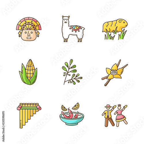 Peru RGB color icons set. Hispanic history, agriculture, livestock, traditions, culture, cuisine. Incas, alpaca, guinea pig, corn, coca, vanilla, ceviche, marinera. Isolated vector illustrations
