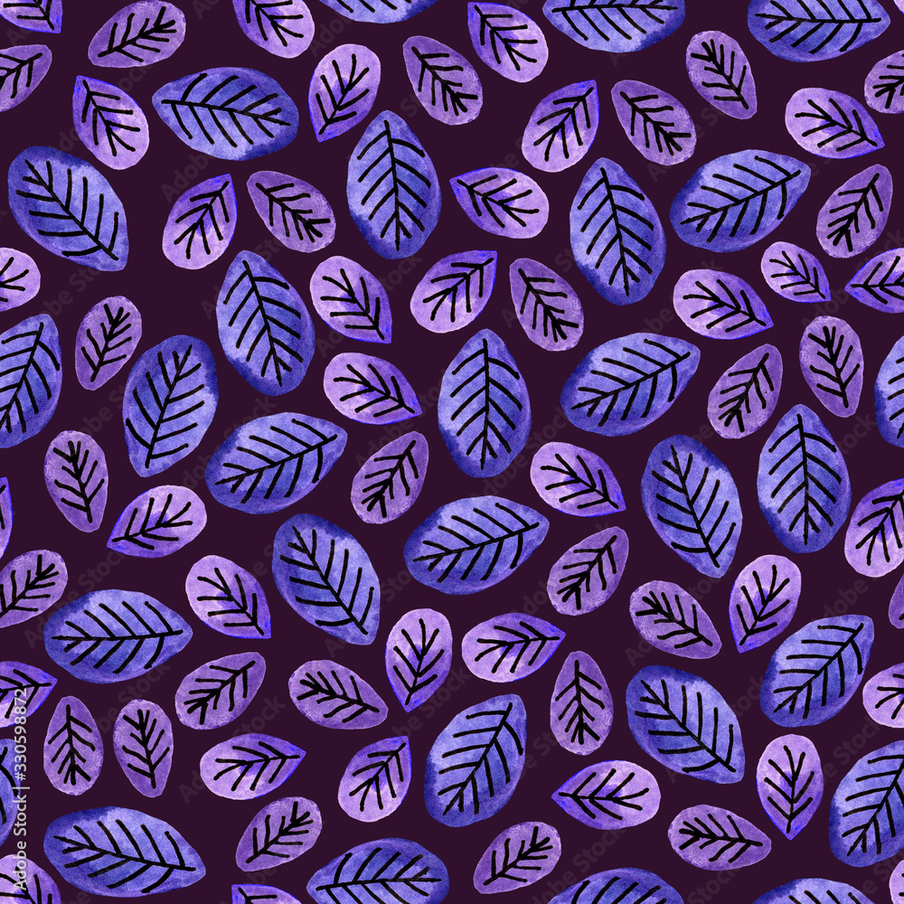 Abstract floral seamless pattern with hand drawn purple leaves on a dark background. Cute artistic texture, background for fabric print, wallpaper, wedding invitations, cards, gift wrap.