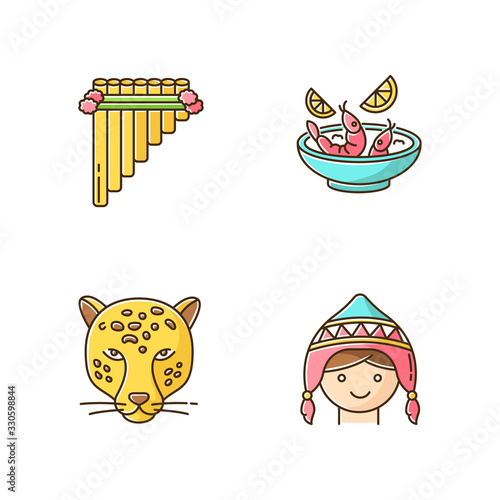 Peru RGB color icons set. Peruvian art, cuisine, animal world, costume. Siku, ceviche, jaguar, chullo hat. Customs of andean culture. Traveling in hispanic country. Isolated vector illustrations
