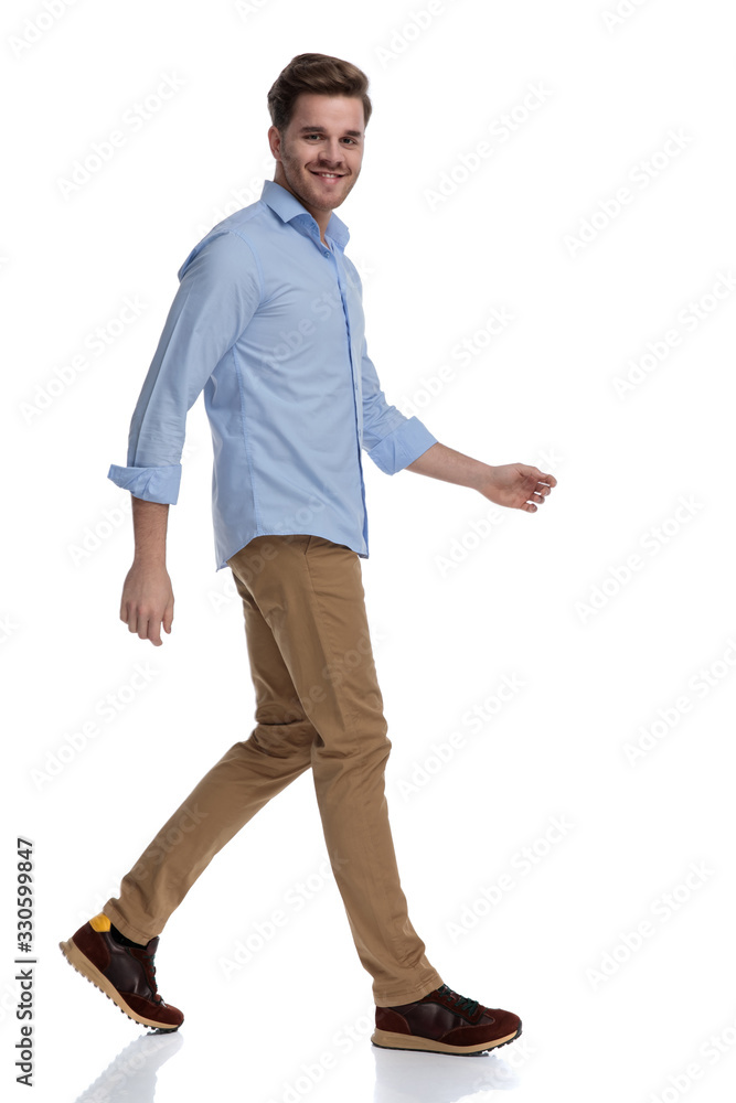 Side view of positive casual man laughing Side view of positive casual man laughing