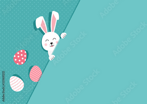 Easter bunny and eggs greeting card. Paper rabbit on polka dot turquoise background. Vector illustration