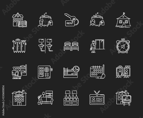 Dormitory chalk white icons set on black background. Communal space. Living accommodations. Hostel, hotel. Shared room. Common bedroom. University campus. Isolated vector chalkboard illustrations