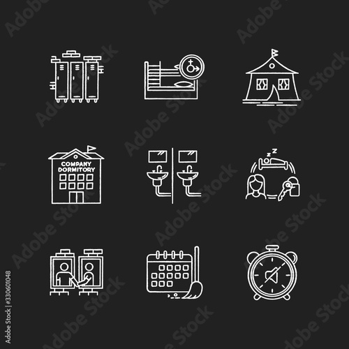 Living in dormitory chalk white icons set on black background. Lockers. Mixed bedroom. Company dorm. Cleaning schedule. Quiet hours. Communal bathroom. Isolated vector chalkboard illustrations