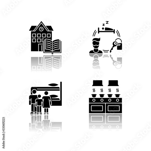Dormitory drop shadow black glyph icons set. Family dorm. Communal kitchen. Common space. Shared bedroom. Renting. Campus library. Living conditions. Isolated vector illustrations on white space