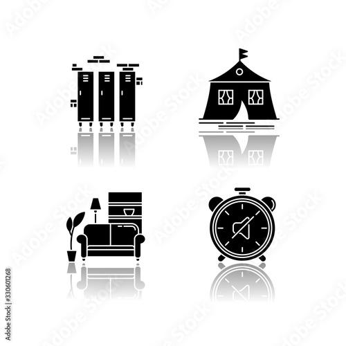 Dormitory conditions drop shadow black glyph icons set. Lockers. Gym, swimming pool closets. Marquee tent. Dorm quiet hours. Living room. Shared space. Isolated vector illustrations on white space